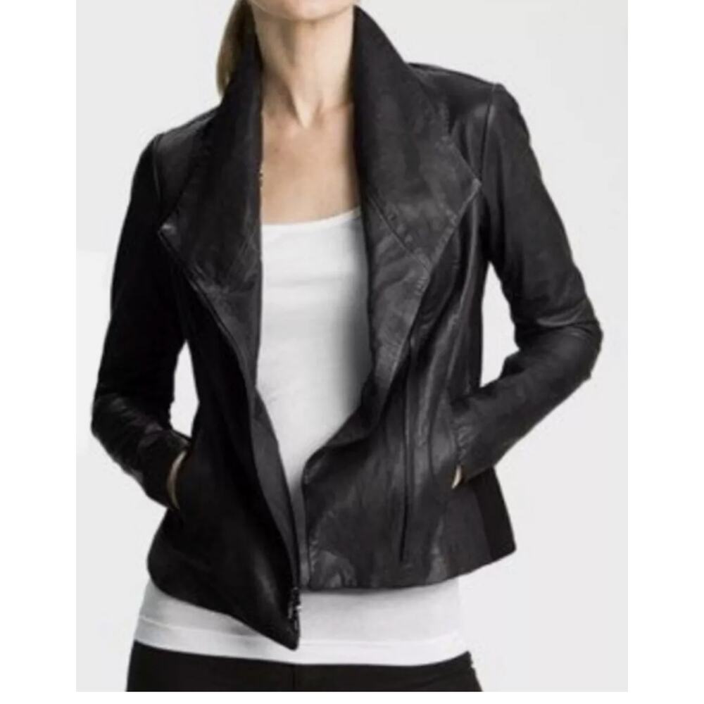 Vince Shawl Collar Leather Jacket S Black Biker Moto Zip Rib Knit Capsule Grunge